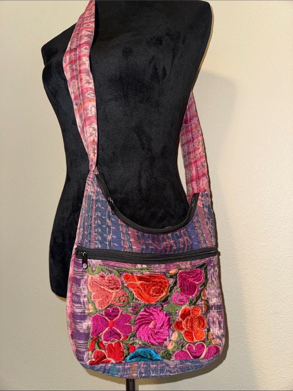 Hand-Embroidered Pink Floral Crossbody Bag - Boho Shoulder Bag